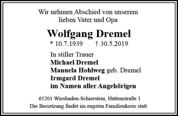 Traueranzeige von Wolfgang Dremel von vrm-trauer