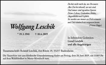 Traueranzeige von Wolfgang Leschik von vrm-trauer