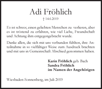 Traueranzeige von Adi Fröhlich von vrm-trauer