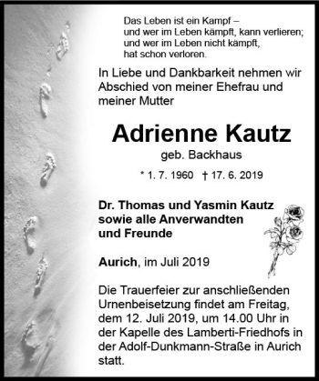Traueranzeige von Adrienne Kautz von vrm-trauer