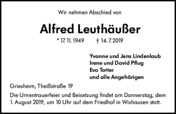 Traueranzeige von Alfred Leuthäußer von vrm-trauer