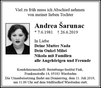 Traueranzeige von Andrea Sarunac von vrm-trauer