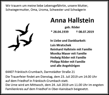 Traueranzeige von Anna Hallstein von vrm-trauer