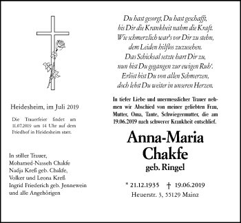 Traueranzeige von Anna-Maria Chakfe von vrm-trauer