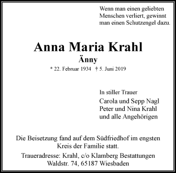 Traueranzeige von Anna Maria Krahl von vrm-trauer