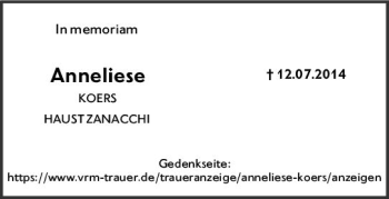Traueranzeige von Anna-Elisabeth KOERS von vrm-trauer