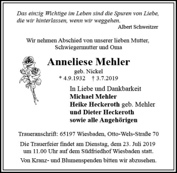 Traueranzeige von Anneliese Mehler von vrm-trauer