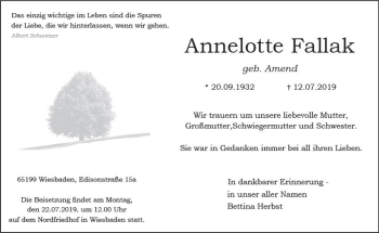 Traueranzeige von Annelotte Fallak von vrm-trauer
