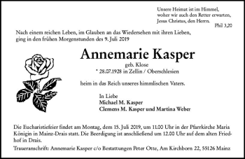 Traueranzeige von Annemarie Kasper von vrm-trauer