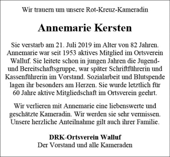 Traueranzeige von Annemarie Kersten von vrm-trauer