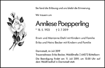 Traueranzeige von Annliese Poepperling von vrm-trauer