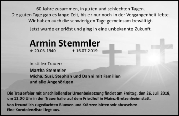 Traueranzeige von Armin Stemmler von vrm-trauer