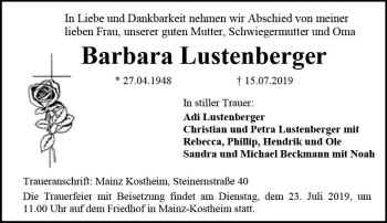 Traueranzeige von Barbara Lustenberger von vrm-trauer