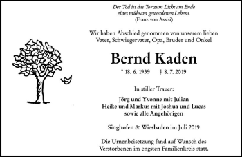 Traueranzeige von Bernd Kaden von vrm-trauer