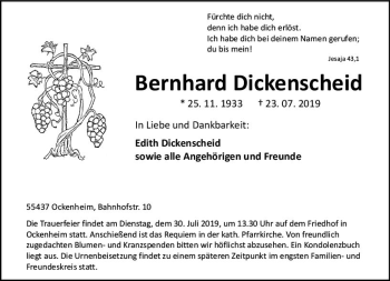 Traueranzeige von Bernhard Dickenscheid von vrm-trauer