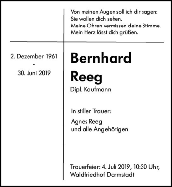 Traueranzeige von Bernhard Reeg von vrm-trauer