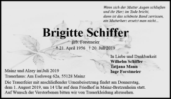 Traueranzeige von Brigitte Schiffer von vrm-trauer
