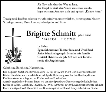 Traueranzeige von Brigitte Schmitt von vrm-trauer