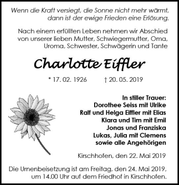 Traueranzeige von Charlotte Eiffler von  WBT - Weilburger Tageblatt ()