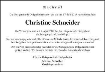 Traueranzeige von Christine Schneider von vrm-trauer