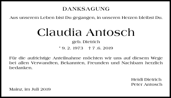 Traueranzeige von Claudia Antosch von vrm-trauer