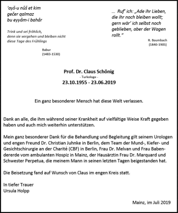 Traueranzeige von Claus Schönig von vrm-trauer