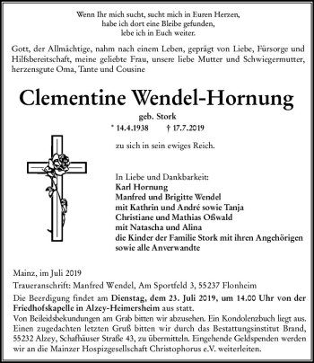 Traueranzeige von Clementine Wendel-Hornung von vrm-trauer