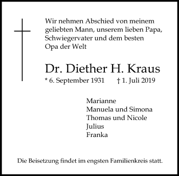 Traueranzeige von Diether H.  Kraus von vrm-trauer