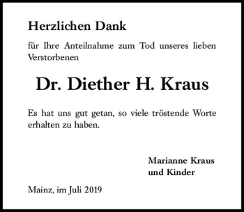 Traueranzeige von Diether H.  Kraus von vrm-trauer