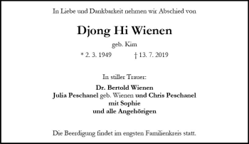 Traueranzeige von Djong Hi Wienen von vrm-trauer