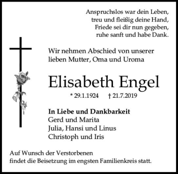 Traueranzeige von Elisabeth Engel von vrm-trauer