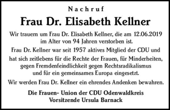 Traueranzeige von Elisabeth Kellner von vrm-trauer