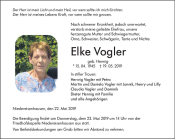 Traueranzeige von Elke Vogler von  HA - Hinterländer Anzeiger ()