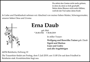 Traueranzeige von Erna Daub von vrm-trauer