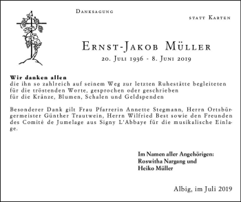 Traueranzeige von Ernst-Jakob Müller von vrm-trauer