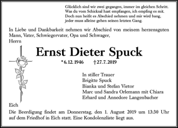 Traueranzeige von Ernst Dieter Spuck von vrm-trauer