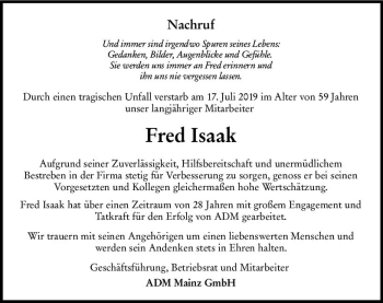 Traueranzeige von Fred Isaak von vrm-trauer