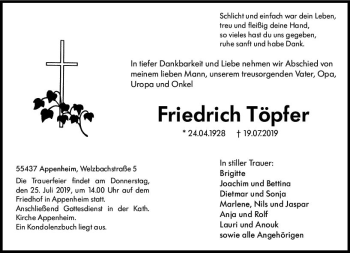 Traueranzeige von Friedrich Töpfer von vrm-trauer