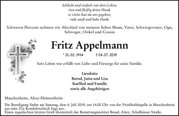 Traueranzeige von Fritz Appelmann von vrm-trauer