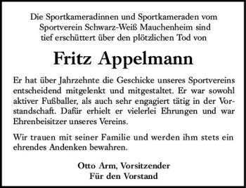 Traueranzeige von Fritz Appelmann von vrm-trauer