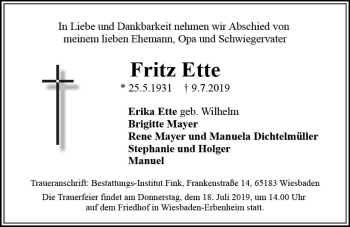 Traueranzeige von Fritz Ette von vrm-trauer