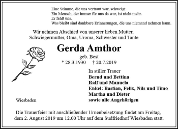 Traueranzeige von Gerda Amthor von vrm-trauer