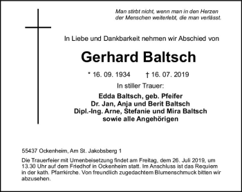Traueranzeige von Gerhard Baltsch von vrm-trauer