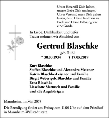 Traueranzeige von Gertrud Blaschke von  Gießener Anzeiger