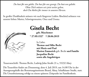 Traueranzeige von Gisela Becht von vrm-trauer