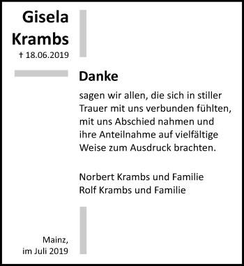 Traueranzeige von Gisela Krambs von vrm-trauer