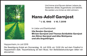 Traueranzeige von Hans-Adolf Garnjost von vrm-trauer