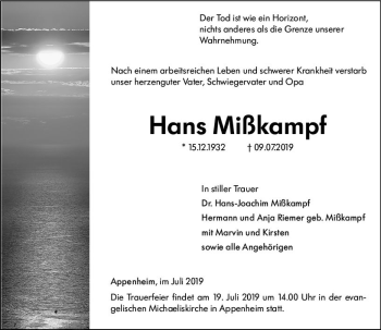 Traueranzeige von Hans Mißkampf von vrm-trauer
