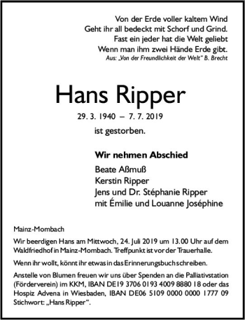 Traueranzeige von Hans Ripper von vrm-trauer
