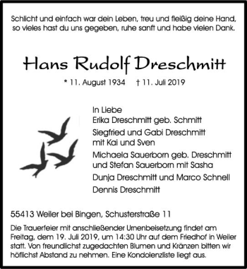 Traueranzeige von Hans Rudolf Dreschmitt von vrm-trauer